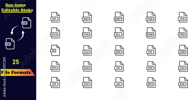 Fototapeta Line icon set for document file formats, including EPS, PDF, PSD, AI, XL, PPT, EXE, and more. Editable stroke icon collection.