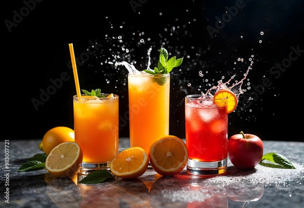 Obraz glasses of fresh fruit juice, liquid beverage splashes around, dark background