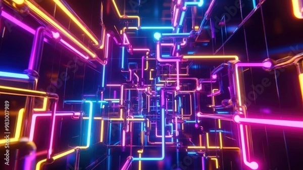 Fototapeta A complex 3D lattice of glowing neon tubes suspended in a dark void.