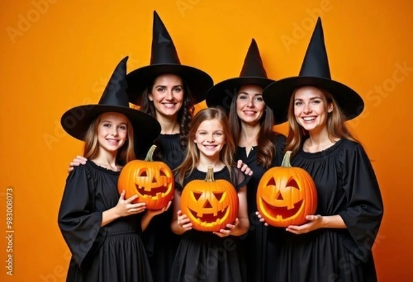 Fototapeta Happy family, father, mother and children in costumes and makeup of Halloween on color background