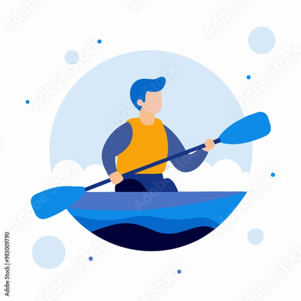 Fototapeta A man in a yellow life jacket paddles a canoe in blue water. The scene is peaceful and serene, with the man enjoying the calm waters and the beauty of nature