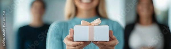 Obraz Group of happy customers enjoying personalized gifts in a luxury boutique, loyalty program, premium rewards for top clients