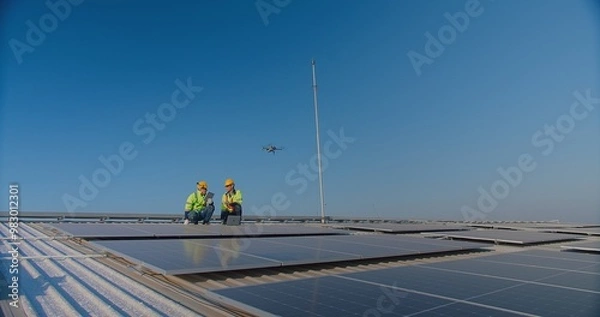 Fototapeta Two engineers with safety vests and hard hats are inspecting solar panels with a drone flying overhead against a clear blue sky