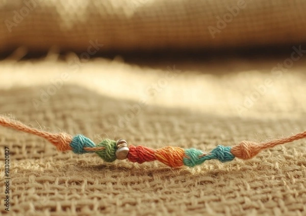 Fototapeta Elegant Threaded Bracelet with Colorful Charms on Textured Fabric in Warm Light Setting