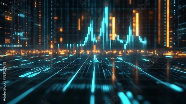 Obraz Vibrant Data Visualization: Financial and Technological Analytics with Neon Grid Highlights