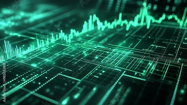Fototapeta Vibrant Data Visualization: Financial and Technological Analytics with Neon Grid Highlights