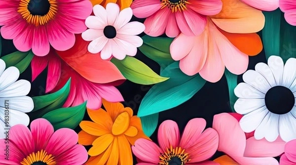 Fototapeta This artwork features a captivating arrangement of colorful peonies and tulips, elegantly set against lush green foliage, highlighting a symmetrical composition with soft lighting SEAMLESS PATTERN