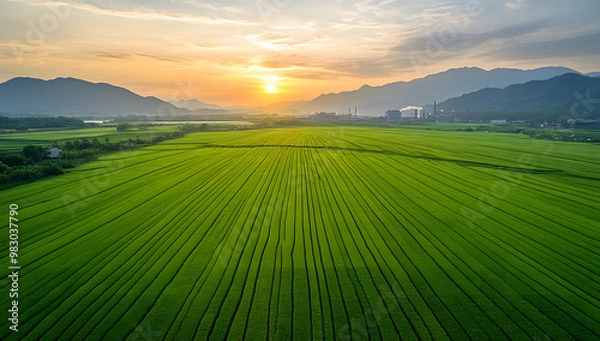 Fototapeta Vast Green Agricultural Field at Sunrise with Mountain Backdrop - Farming Landscape
