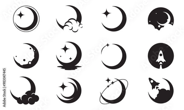 Obraz Elegant crescent moon and star logo design. Moon with star, reflection on water, clouds, and rocket icon vector illustration EPS10