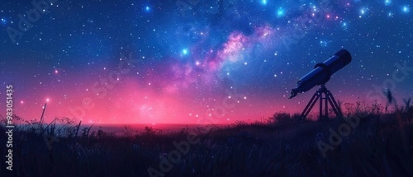 Fototapeta Silhouette of a telescope on a hillside against a starry night sky background. This image could be used as an illustration, banner, or as a space for text.