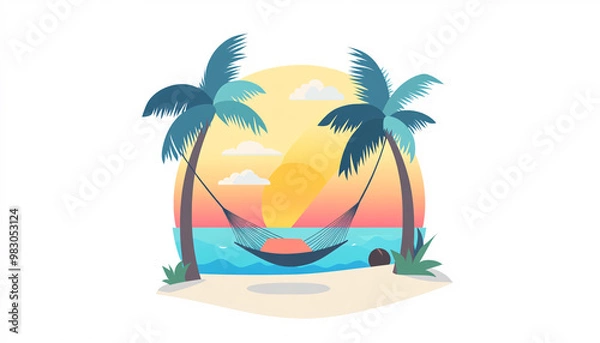 Fototapeta Tropical beach with palm trees and hammock at sunset.