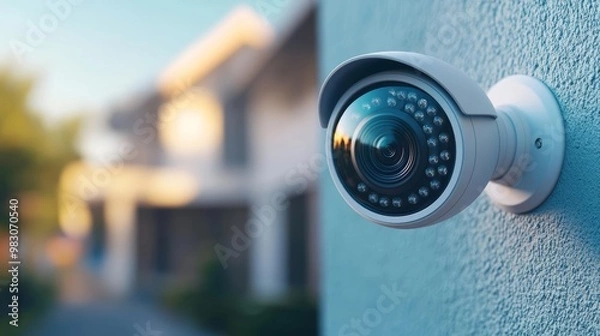 Fototapeta Outdoor security camera mounted on a wall, focusing on surveillance and safety. Perfect for home monitoring and crime prevention.