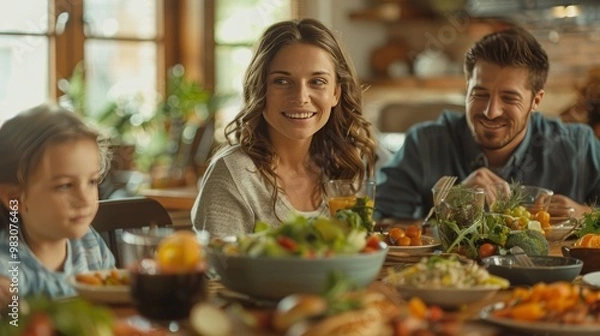 Fototapeta Family bonds over meal in cozy kitchen, creating happy connection through shared nutrition and time