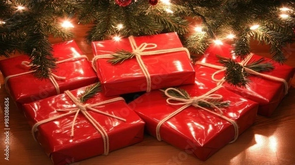 Obraz A group of red presents are tied together with ribbons. Christmas, Christmas tree