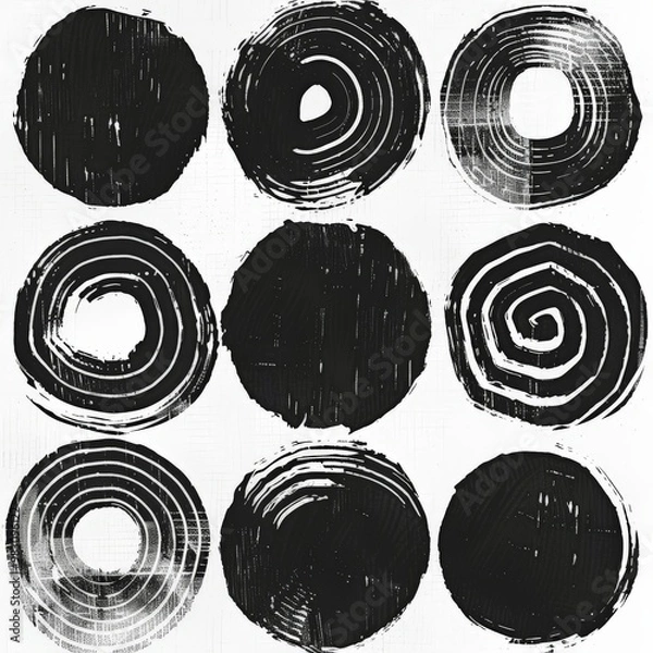 Fototapeta black ink circles imprints on paper, risograph, texture, black and white, isolated on white, designs for photoshop brushes stylize 50