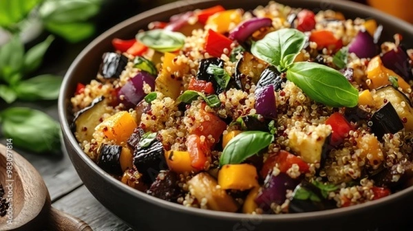 Fototapeta vegetarian and vegan dishes, A vibrant quinoa salad featuring colorful vegetables and fresh basil, perfect for healthy eating and meal prep inspiration.