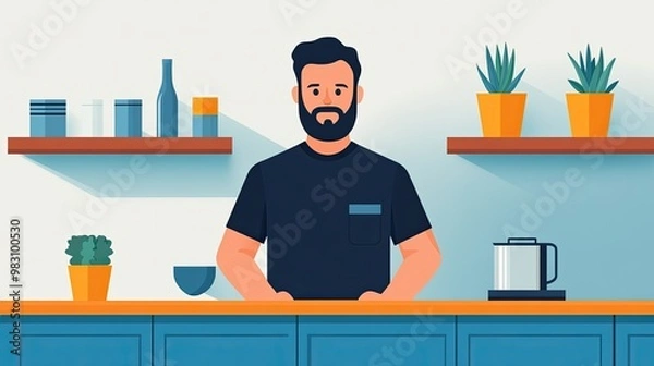 Fototapeta Man standing in modern kitchen with plants and decor, bright and inviting atmosphere.