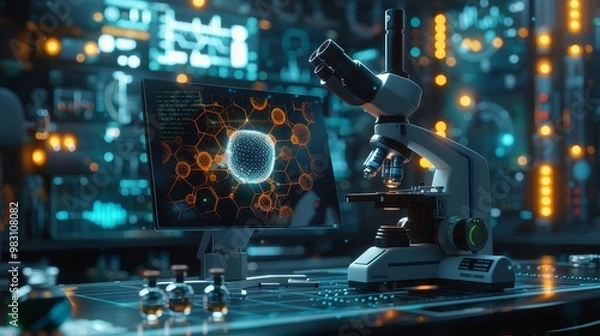 Obraz A futuristic laboratory with a microscope, computer monitor displaying a cell structure, and lab equipment.