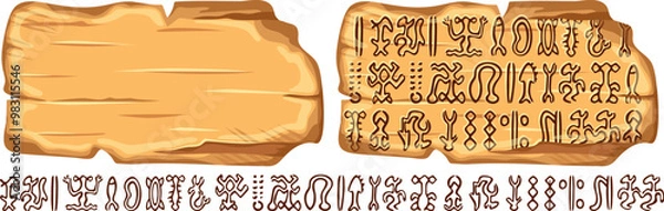 Obraz Undeciphered gryph Rongorongo on Easter island  or Rapa Nui. Isolated vector cartoon wooden panel. Undeciphered captions ancient peoples. Signboard with old texts. Gui elements for computer and board 