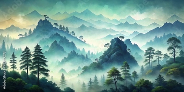 Fototapeta Misty Mountain Serenity A Digital Painting Showcasing Layered Mountains, Sharp Foreground Trees, and a Hazy Blue-Green Sky with Soft Watercolor Touches for Tranquil Atmosphere