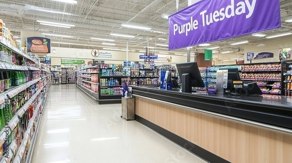 Fototapeta Empty supermarket checkout lanes with signage