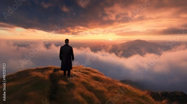 Fototapeta As the sun sets, a solitary person gazes at the horizon from a grassy hilltop, immersed in stunning colors and drifting clouds that paint the evening sky