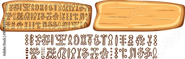 Obraz Undeciphered gryph Rongorongo on Easter island  or Rapa Nui. Isolated vector cartoon wooden panel. Undeciphered captions ancient peoples. Signboard with old texts. Gui elements for computer and board 