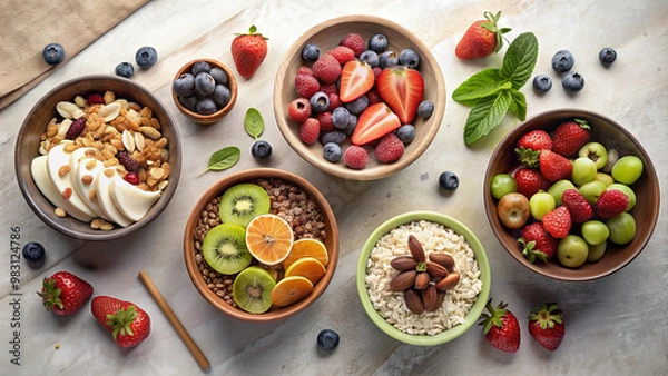 Fototapeta A vibrant assortment of fresh fruits, including strawberries, blueberries, kiwi, and nuts, is artfully arranged in bowls on a marble countertop, showcasing healthy eating