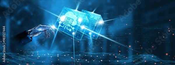 Obraz Cloud Computing : Businessman mechanical robotic hand touching cloud computing network technology on interface. Data storage, scalability, security, accessibility.