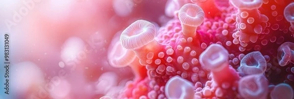 Fototapeta  A tight shot of vibrant red and white corals against a backdrop of blue and pink hues, with a softly blurred sky above