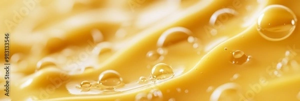 Fototapeta  A tight shot of a yellow liquid with water droplets at its surface, both on the liquid's surface and below
