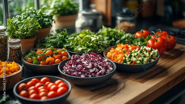Fototapeta A modern kitchen flat lay with ingredients for a healthy salad, showcasing colorful vegetables 