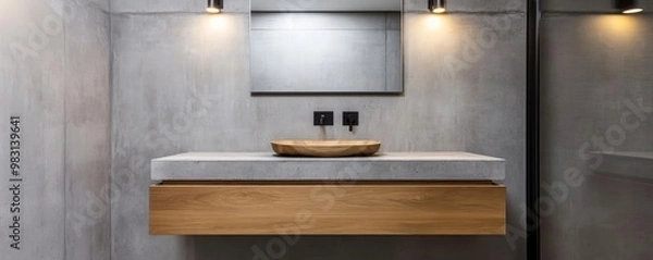 Fototapeta Minimalist bathroom with concrete walls, floating wood vanity, and recessed lighting, minimalist bathroom, contemporary industrial design