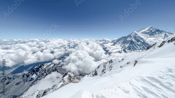 Fototapeta Majestic Winter Mountain Peaks A Stunning Snow-Covered Landscape, Showcasing the Beauty of Nature's Towering Giants A Serene View of Snow-Capped Summits in Winter's Embrace
