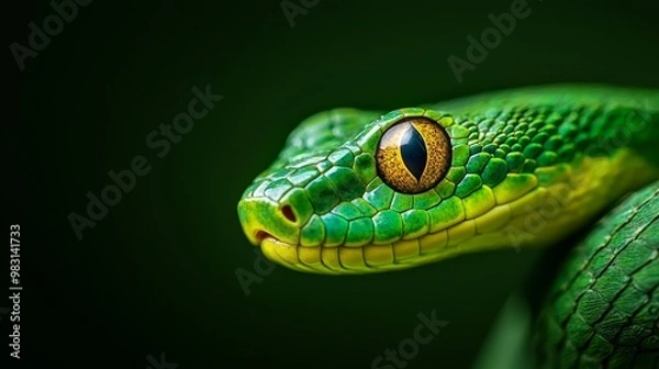 Fototapeta  A tight shot of a green snake's head featuring a yellow iris in its central eye