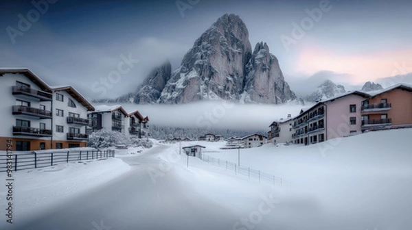 Fototapeta Majestic Winter Mountain Peaks A Stunning Snow-Covered Landscape, Showcasing the Beauty of Nature's Towering Giants A Serene View of Snow-Capped Summits in Winter's Embrace