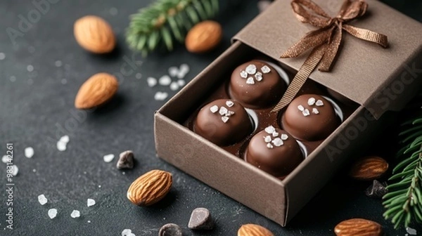 Fototapeta Gift box of chocolate-coated almonds with sea salt, isolated on a modern gray background
