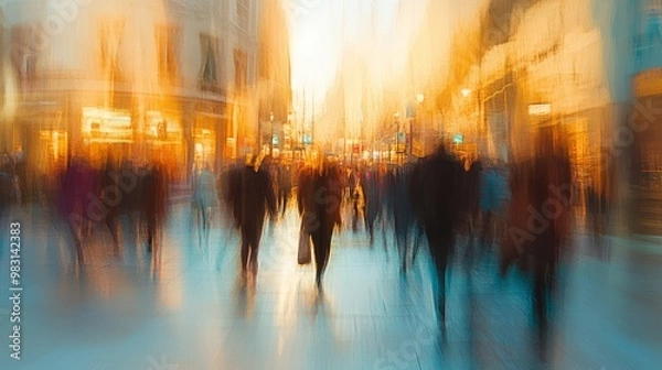 Fototapeta Abstract Urban Motion: Blurry Crowd in City Lights
