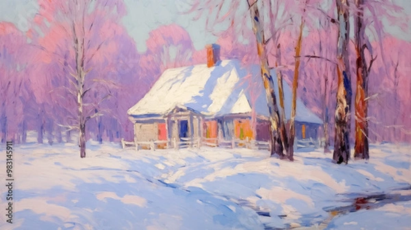Fototapeta Impressionist winter landscape with a quaint cottage surrounded by snow-covered trees