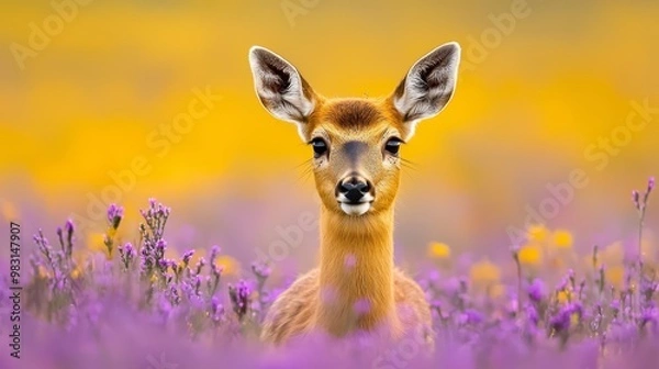 Fototapeta  A tight shot of a deer amidst a flower field, where purple blooms predominate in the foreground, contrasting with a sunlit, yellow backdrop