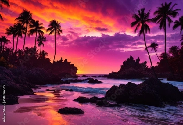 Obraz vibrant coastal sunset striking silhouettes trees rocks colorful sky, colors, ocean, horizon, light, evening, nature, landscape, scenery, dramatic, clouds