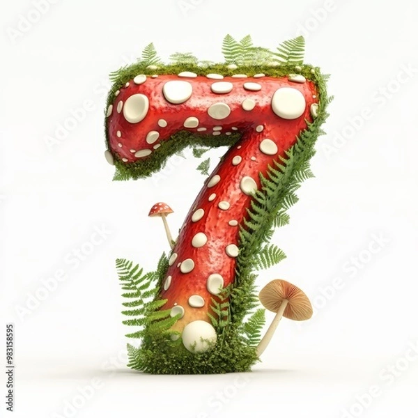 Fototapeta 3D number 7 with fly agaric texture realistic modern design, soft lighting, white background. 