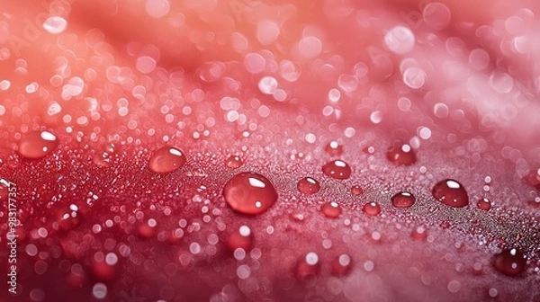 Fototapeta  A tight shot of water droplets against a red and pink backdrop, the colors softly blurred