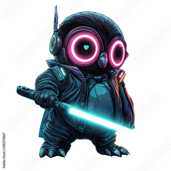 Obraz Cyberpunk Penguin with Neon Lightsaber, Futuristic Christmas Character