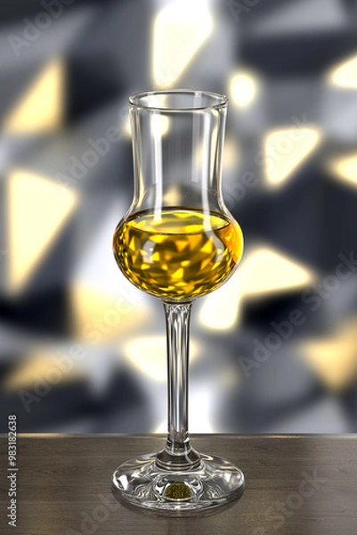 Fototapeta Glass of grappa on wooden table against wall with spotlights. Bar theme. Dark environment. Alcoholic drink. 3d rendering.