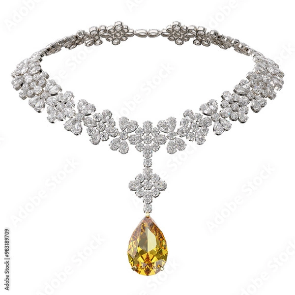 Fototapeta Luxurious necklace of diamonds and yellow sapphire in pear cut on the isolated transparent background. Jewelry showcase. 3d rendering.