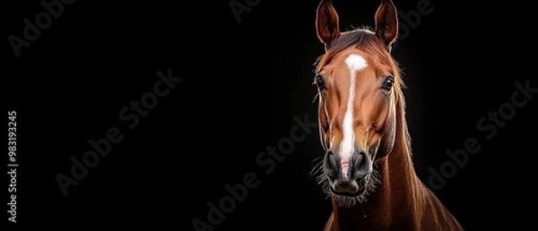 Obraz  A tight shot of a brown horse boasting a white stripe on its face against a black background