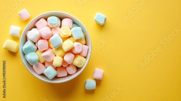 Fototapeta A bowl filled with colorful mini marshmallows, including pink, yellow, and blue varieties. The marshmallows are arranged in a chaotic pile, with a few scattered around the bowl on a bright yellow back