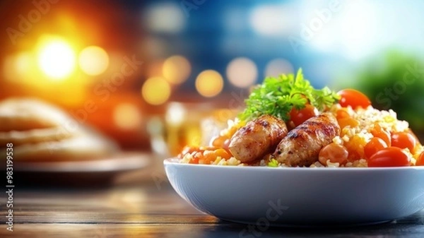 Fototapeta A plate of food with meat and vegetables on a wooden table