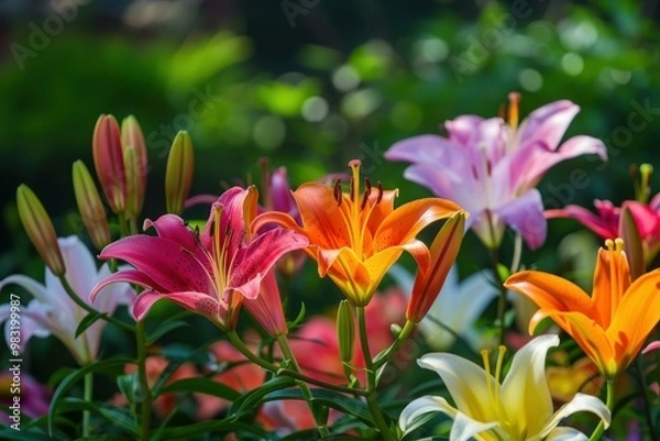 Fototapeta Multiple colorful lilies are blooming in a garden